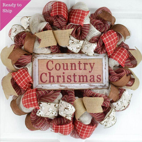 Country Christmas Wreath | Rustic Holiday Decor | Red Jute Ivory - Pink Door Wreaths