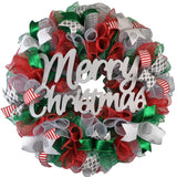 Custom Christmas Wreath | Mesh Wreath Red Emerald Green Silver : C4 - Pink Door Wreaths
