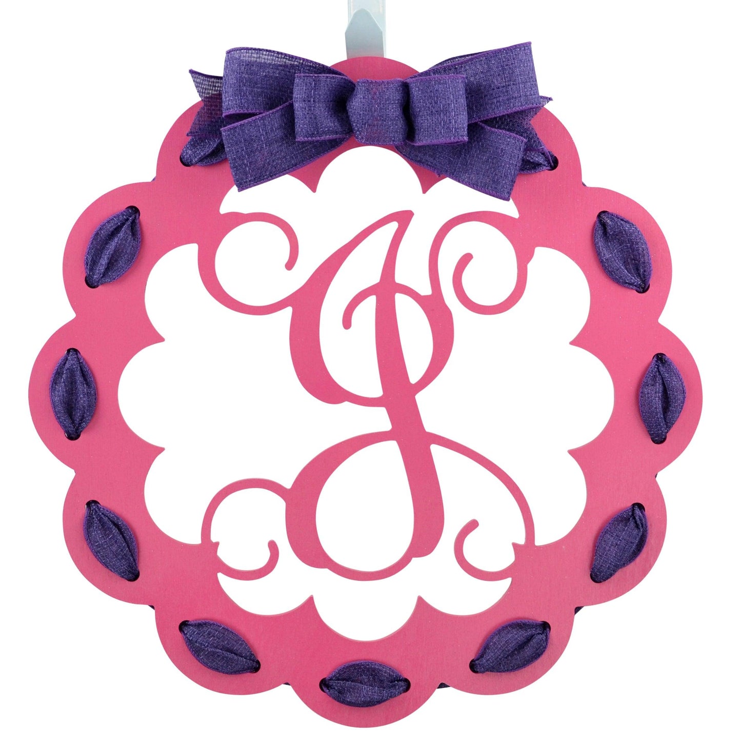 Custom Color Scalloped Monogrammed Door Hanger | LOTS of colors! - Pink Door Wreaths