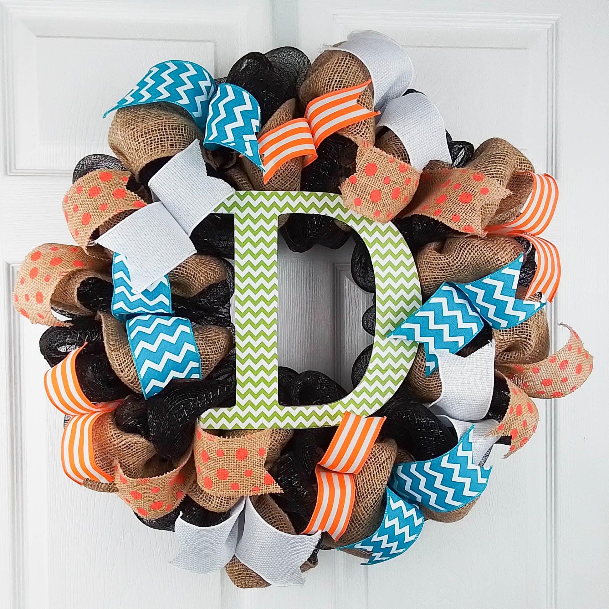 Custom Door Wreath, Burlap Monogram Wreath, Black Orange - Pink Door Wreaths