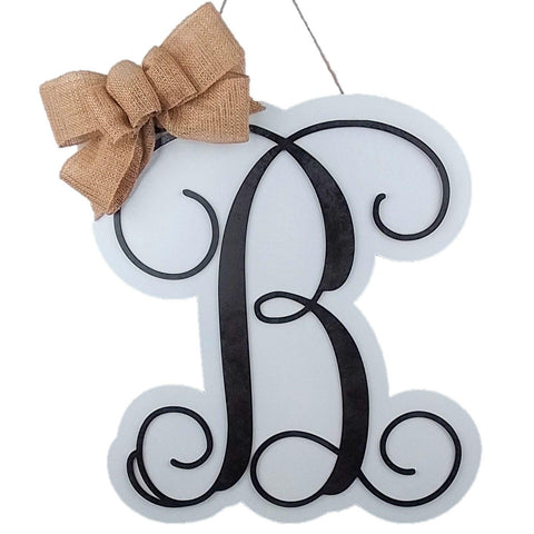 Custom Monogram Gift Door Hanger - Christmas Gift for Mom - Wood Letter Initial Wreath - Gold Burlap Bow - LOTS OF COLORS - Pink Door Wreaths