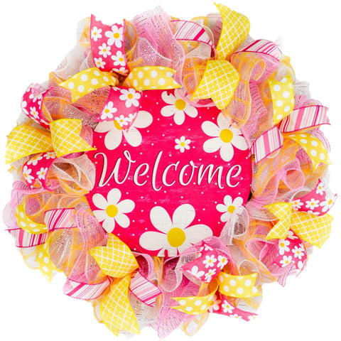 Daisy Spring Welcome Wreath - Flower Everyday Door Wreath - Yellow Pink White - Gift for Mom - Pink Door Wreaths