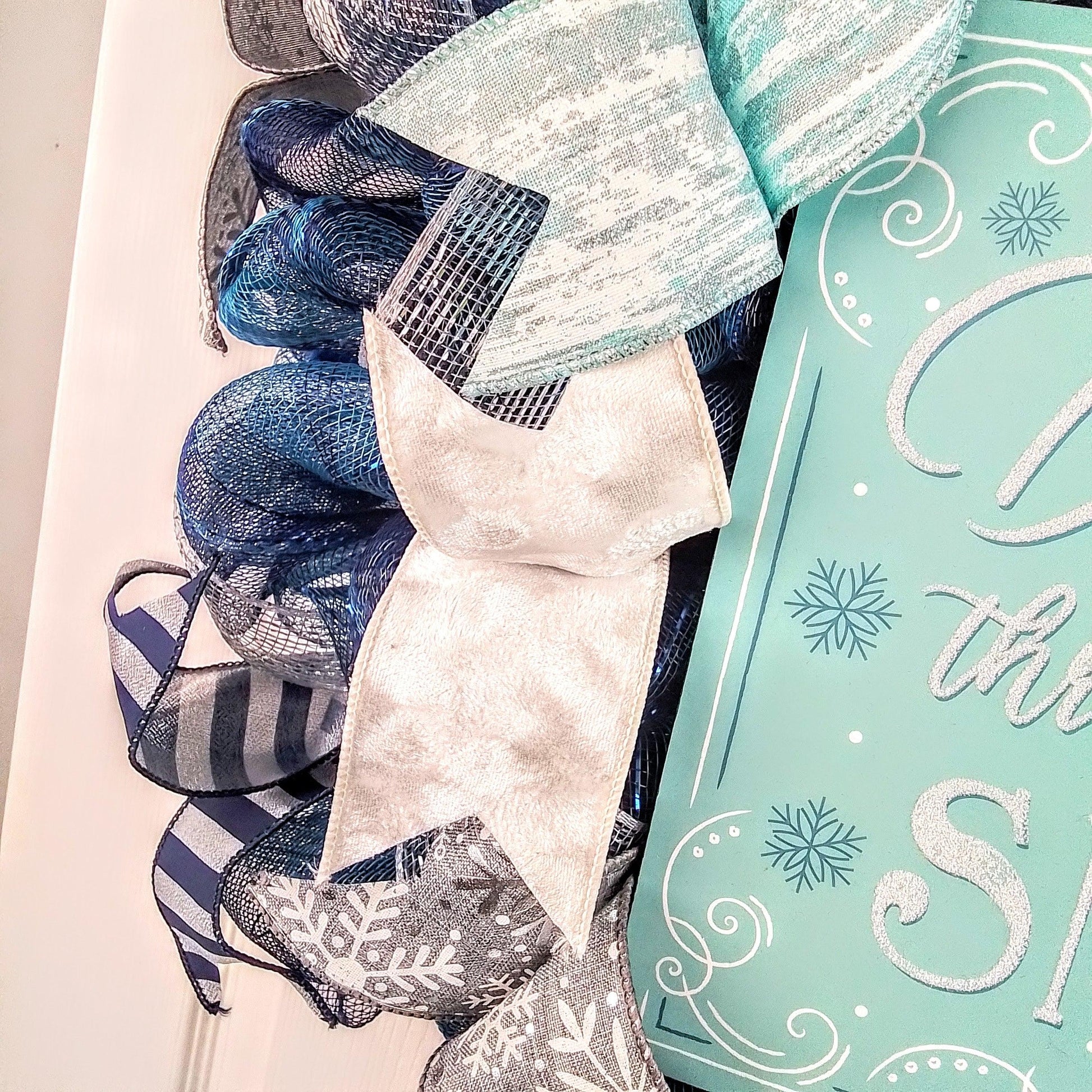 Dashing through the Snow Wreath - Winter Christmas Mesh Front Door Wreath - White Blue Grey - Pink Door Wreaths