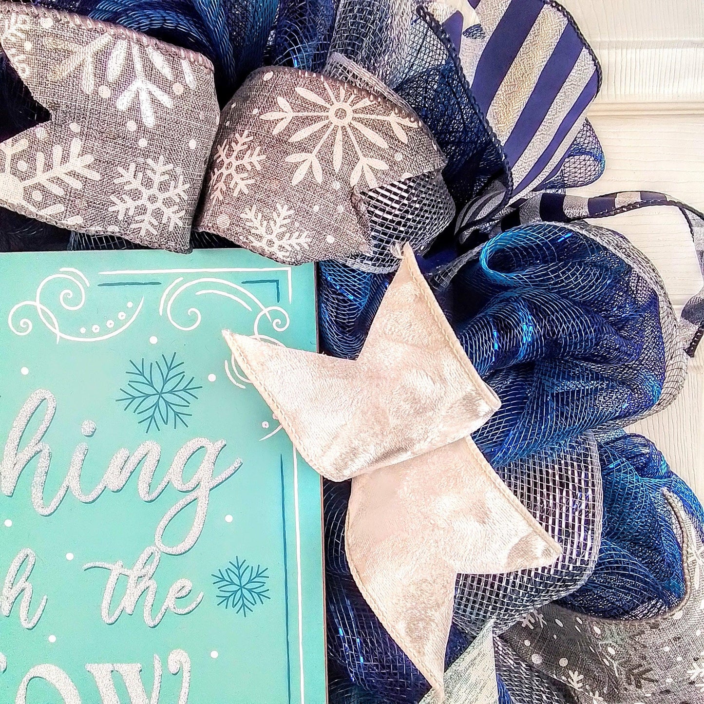 Dashing through the Snow Wreath - Winter Christmas Mesh Front Door Wreath - White Blue Grey - Pink Door Wreaths