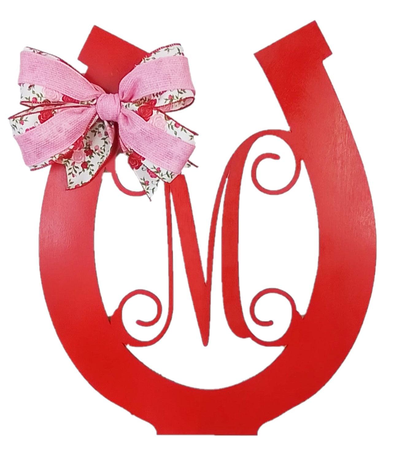 Derby Party Decor | Wooden Horseshoe Monogram Door Hanger | Red Pink White Roses - Pink Door Wreaths