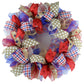 Fourth of July Independence Day Mesh Door Wreath; red white blue jute burlap - Pink Door Wreaths