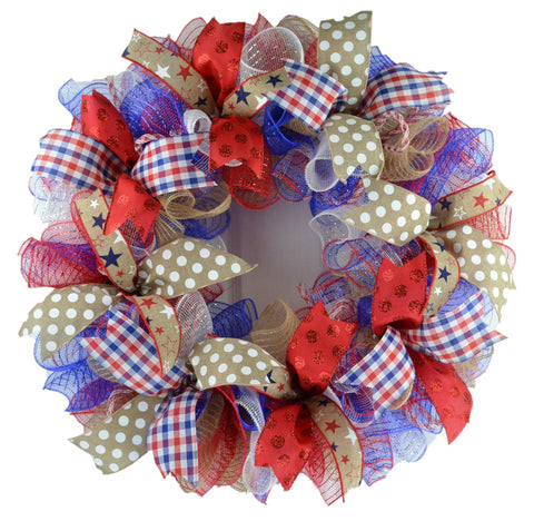 Fourth of July Independence Day Mesh Door Wreath; red white blue jute burlap - Pink Door Wreaths