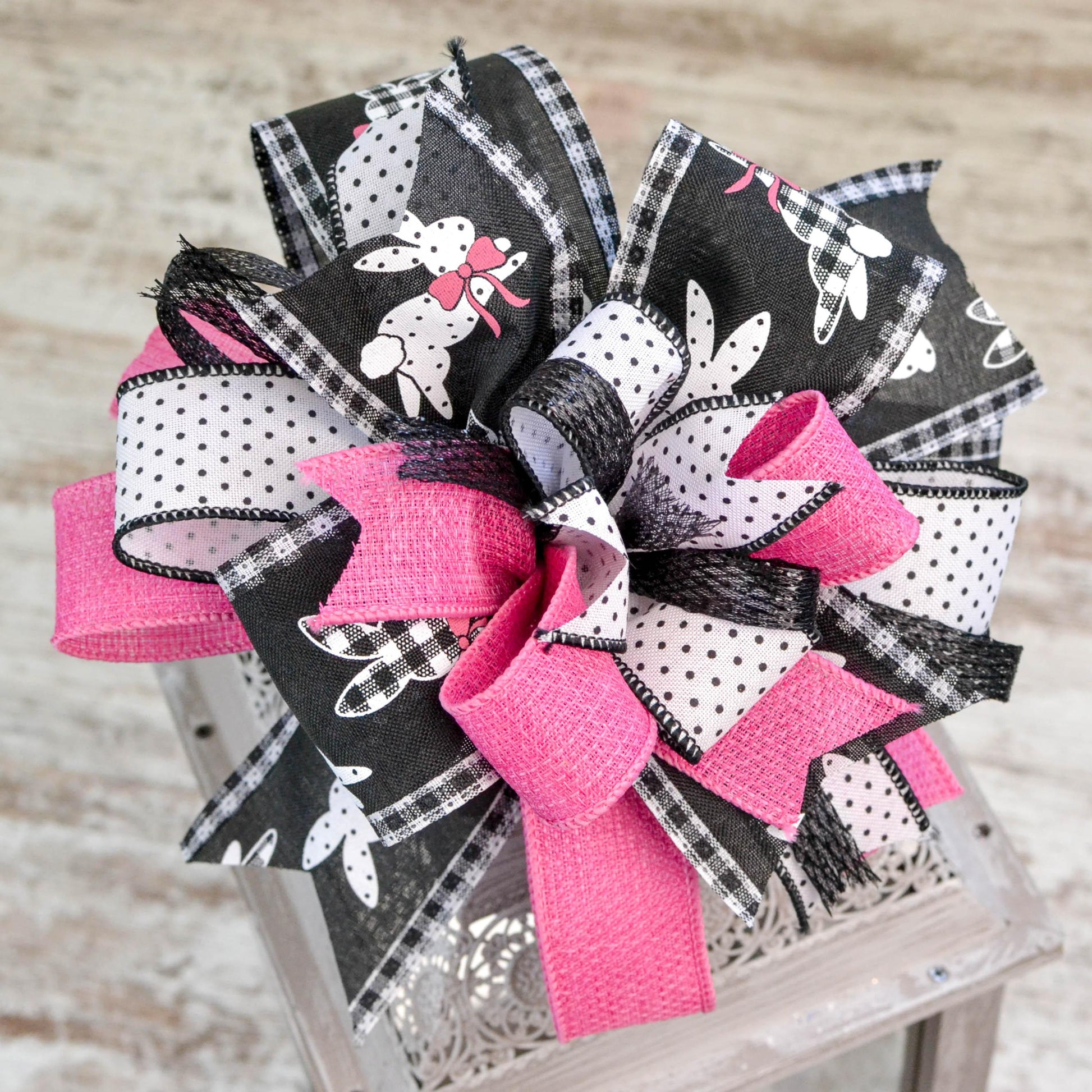 Easter Bunny Black Pink White Lantern Wreath Bow - Burlap Wreath Embellishment for Making Your Own - Layered Full Handmade Farmhouse Already Made (Easter (Black/Pink/White) - Pink Door Wreaths