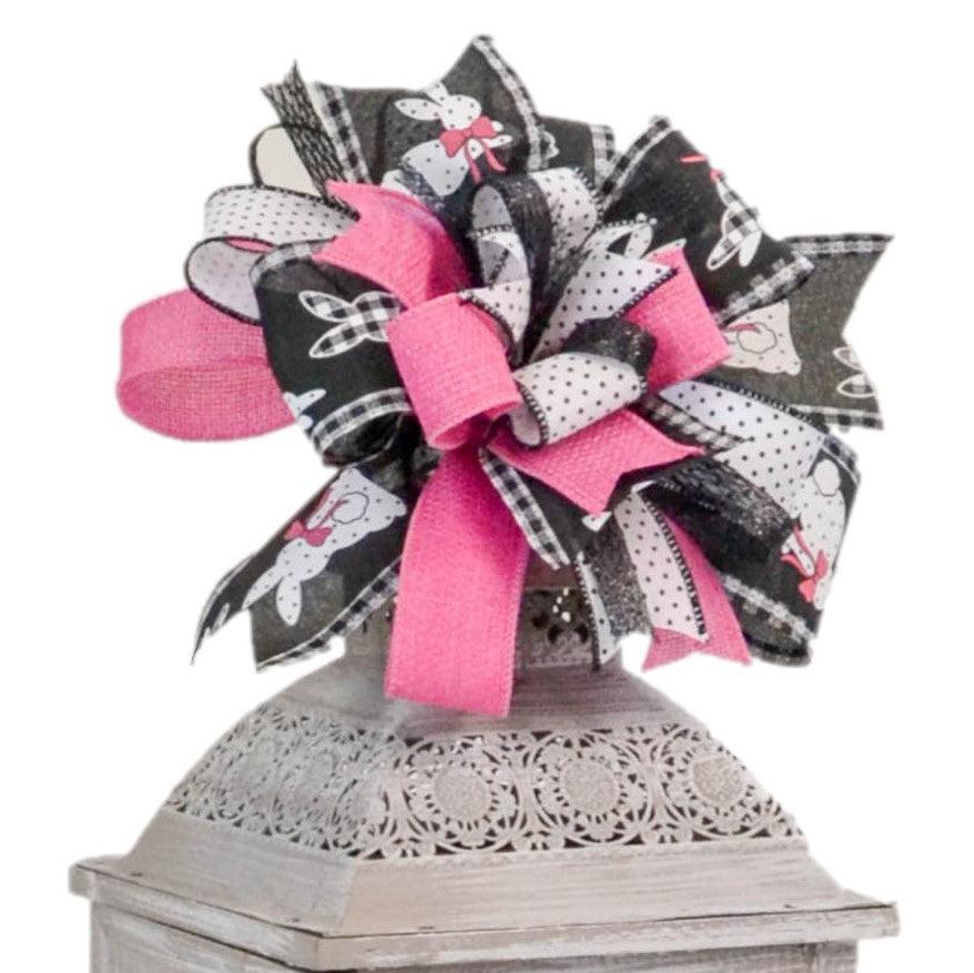 Easter Bunny Black Pink White Lantern Wreath Bow - Burlap Wreath Embellishment for Making Your Own - Layered Full Handmade Farmhouse Already Made (Easter (Black/Pink/White) - Pink Door Wreaths