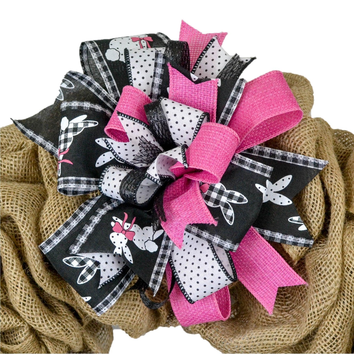 Easter Bunny Black Pink White Lantern Wreath Bow - Burlap Wreath Embellishment for Making Your Own - Layered Full Handmade Farmhouse Already Made (Easter (Black/Pink/White) - Pink Door Wreaths