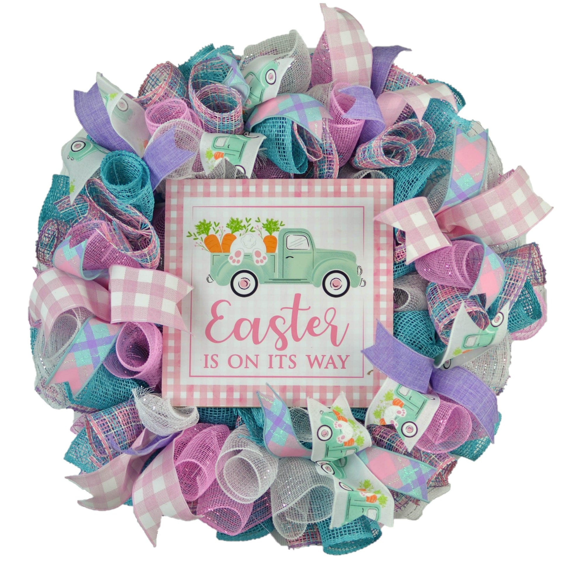 Easter Bunny Door Wreath - Truck Welcome Rabbit Door Decor - Pastel Blue Pink Purple - Pink Door Wreaths