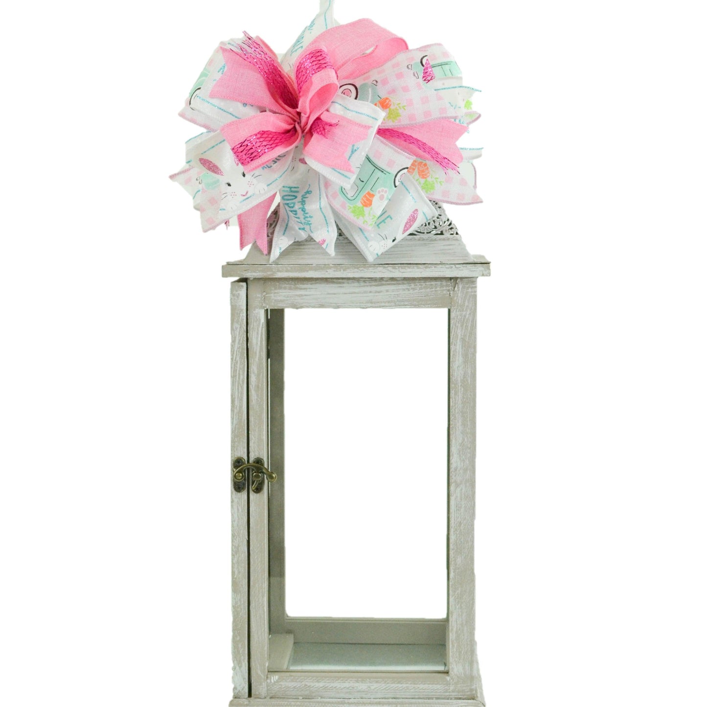 Easter Bunny Plaid Pink Turquoise Truck Lantern Wreath Bow - Burlap Wreath Embellishment for Making Your Own - Layered Full Handmade Farmhouse Already Made - Pink Door Wreaths