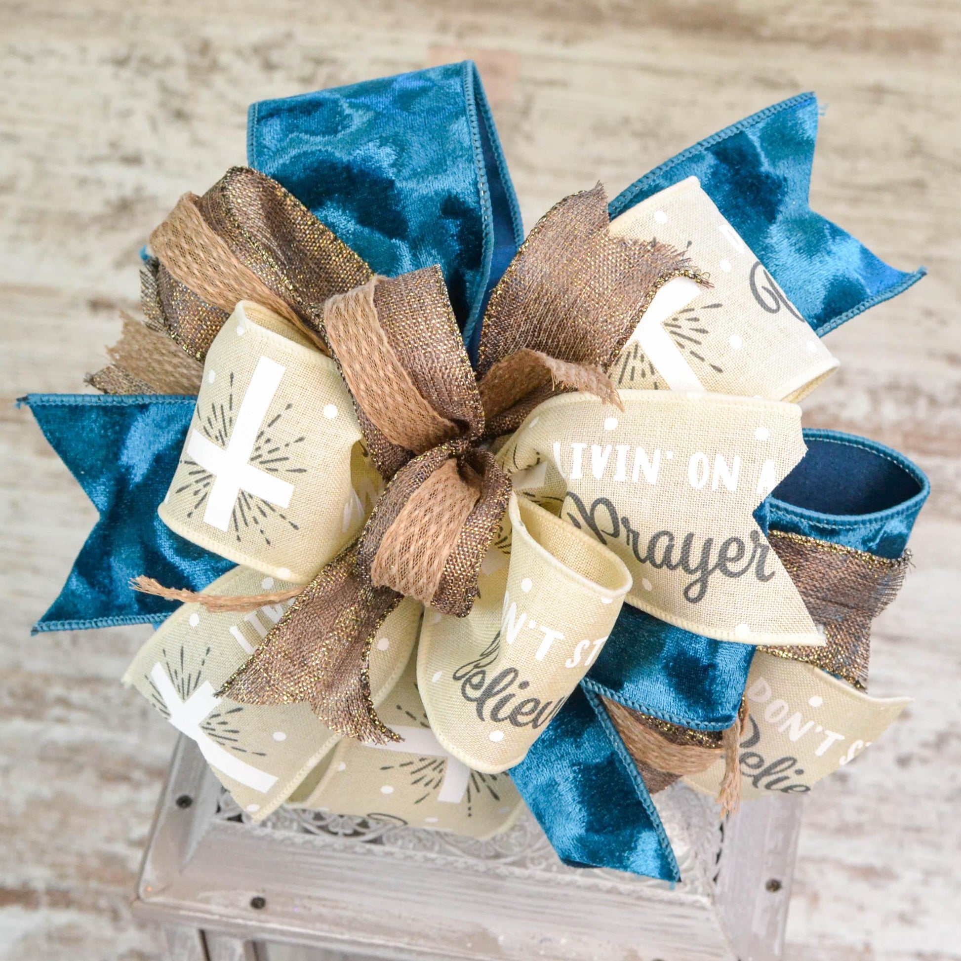 Easter Cross Teal Tan Lantern Wreath Bow - Burlap Wreath Embellishment for Making Your Own - Layered Full Handmade Farmhouse Already Made (Jesus Cross (Tan/Dark Blue/Brown) - Pink Door Wreaths