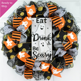 Eat Drink & Be Scary Ghost Halloween Front Door Mesh Wreaths - Pink Door Wreaths