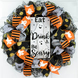 Eat Drink & Be Scary Ghost Halloween Front Door Mesh Wreaths - Pink Door Wreaths