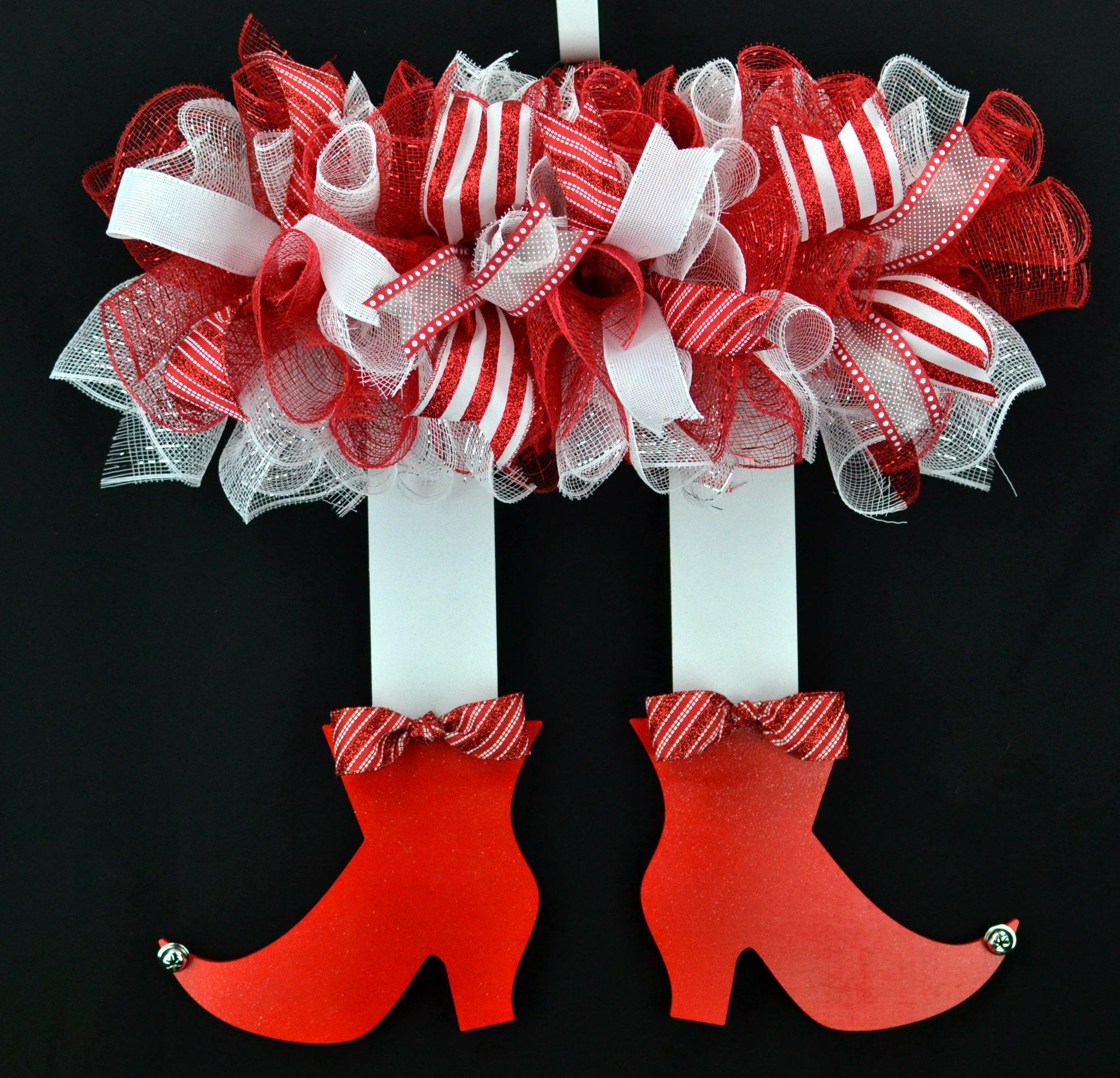 Elf Wreath | Christmas Holidays Legs Deco Mesh Wood Door Wreath; Red White Candy Cane Stripe