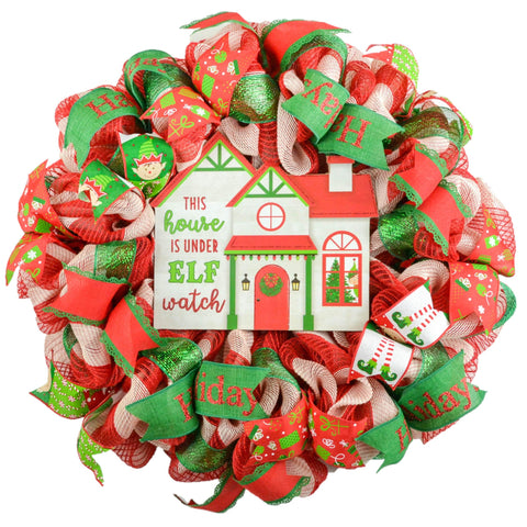 Elf Watch Christmas Front Door Wreath - House Welcoming Kid Friendly Decoration - Red Green Ivory - Pink Door Wreaths
