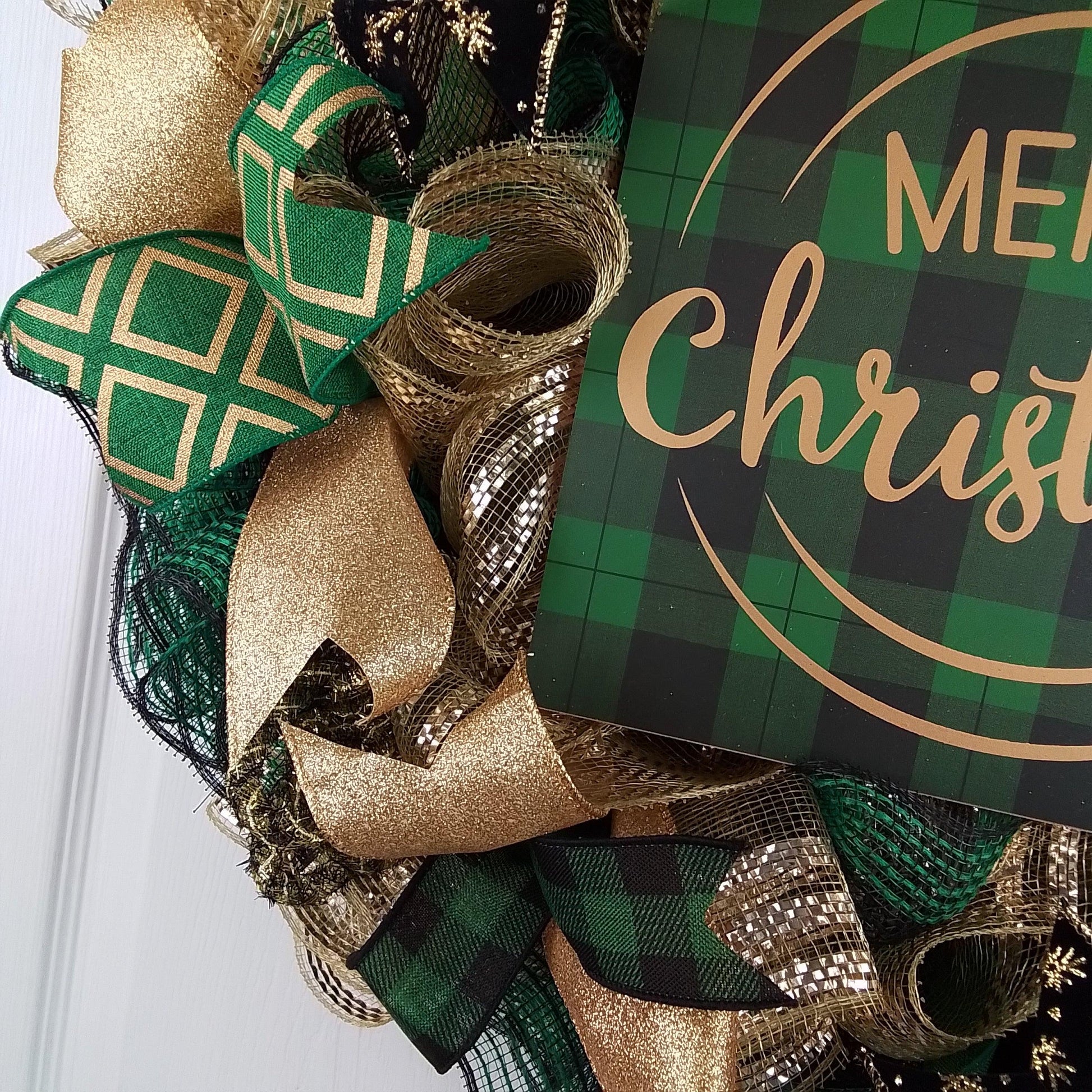 Emerald Buffalo Check Wreath - Merry Christmas Plaid Decor - Green Black Gold - Pink Door Wreaths