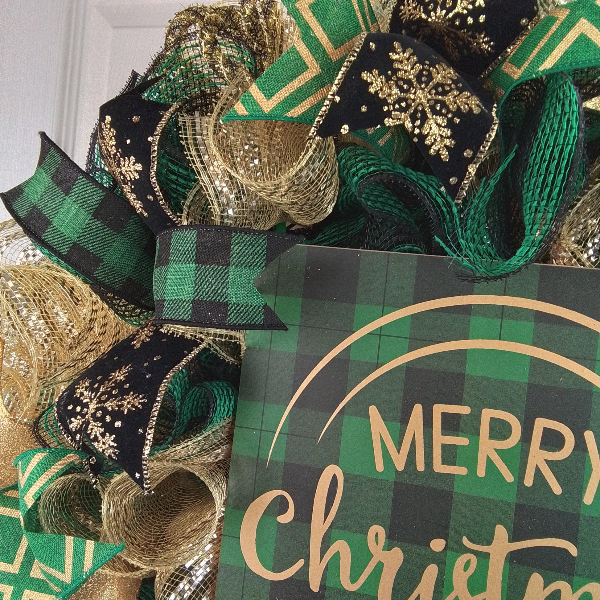 Emerald Buffalo Check Wreath - Merry Christmas Plaid Decor - Green Black Gold - Pink Door Wreaths