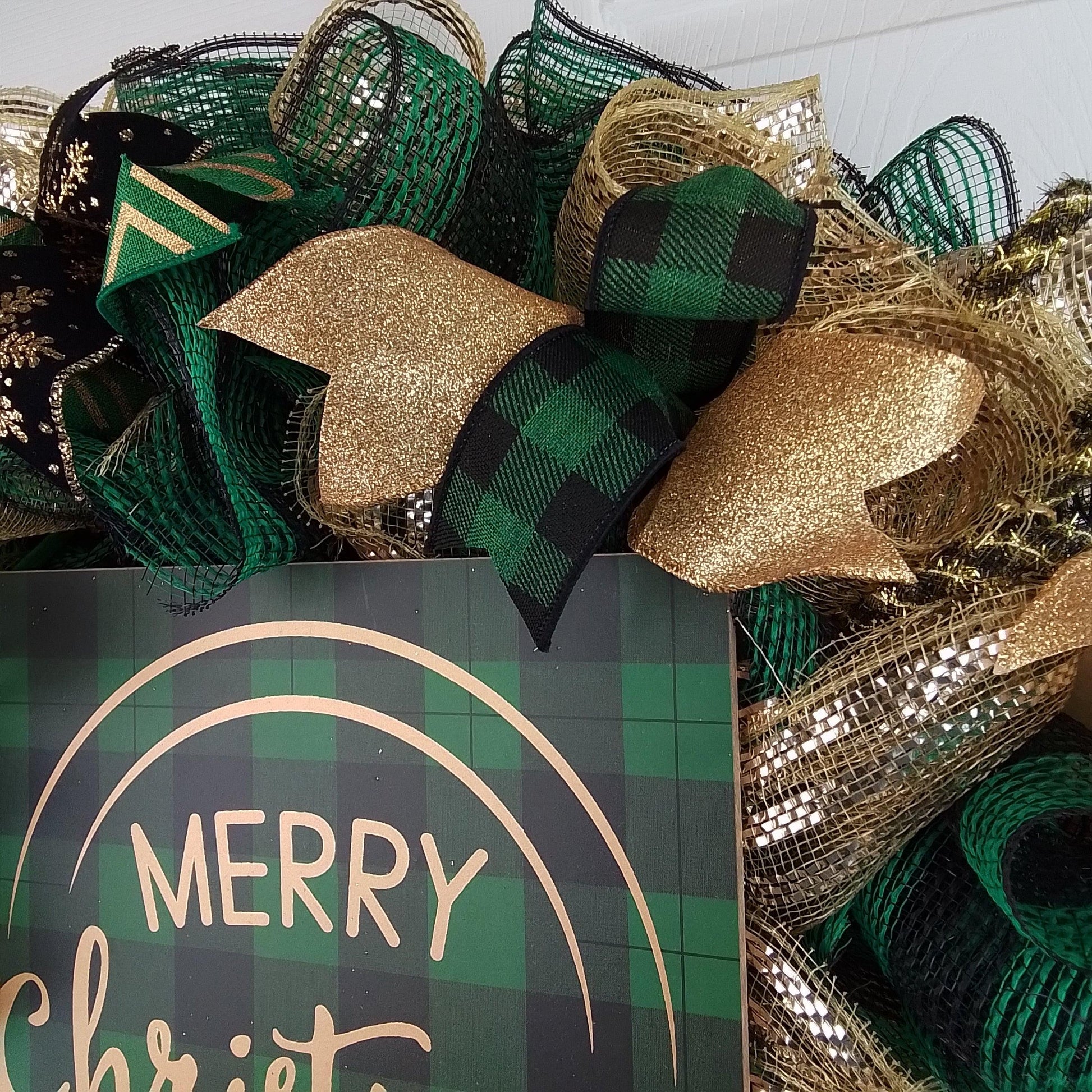 Emerald Buffalo Check Wreath - Merry Christmas Plaid Decor - Green Black Gold - Pink Door Wreaths