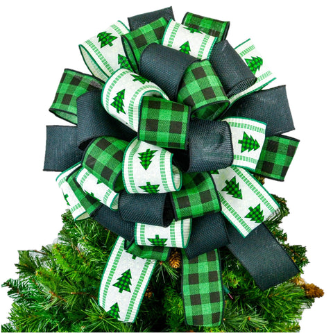 Emerald Green and Black Buffalo Plaid Christmas Farmhouse Bow - Checked Tree Topper Bow - Top of Present Bow Burlap - Pink Door Wreaths