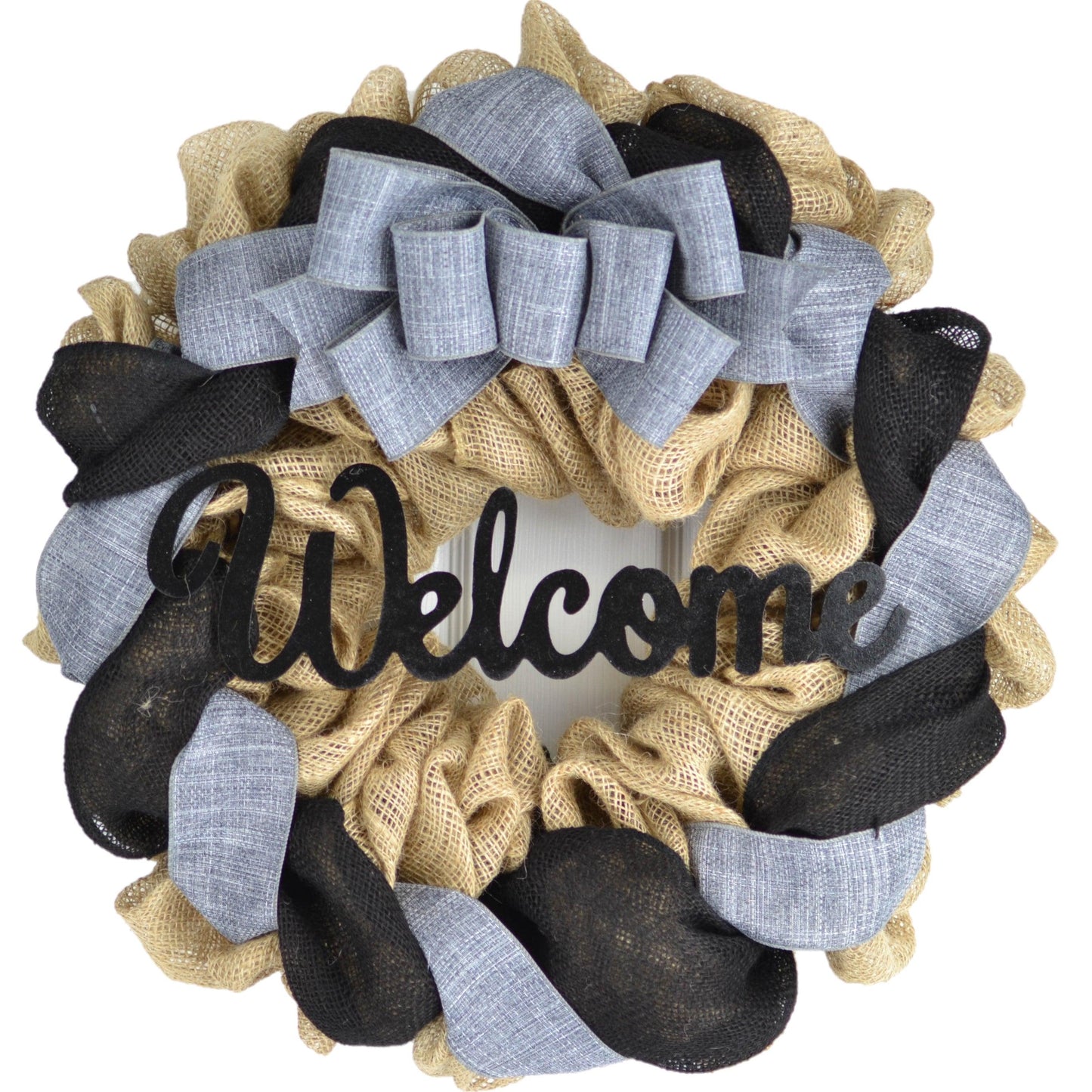 Everyday Burlap Welcome Wreath - Birthday Gift for Mom - Wedding Present - Black Grey Brown - Pink Door Wreaths