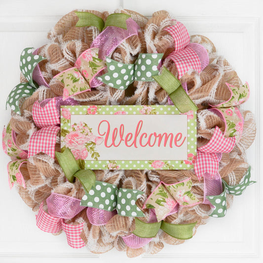 Everyday Floral Welcome Wreath - Jute Burlap Spring Decor - Pink Door Wreaths