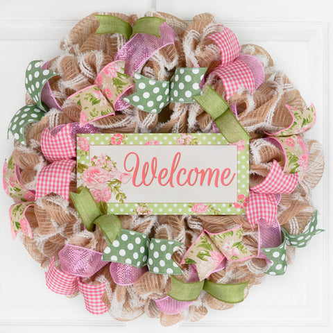Everyday Floral Welcome Wreath - Jute Burlap Spring Decor - Pink Door Wreaths