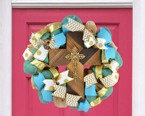 Everyday Rustic Cross Mesh Front Door Wreath; Turquoise Blue Jute White Gold Ivory Burlap - Pink Door Wreaths