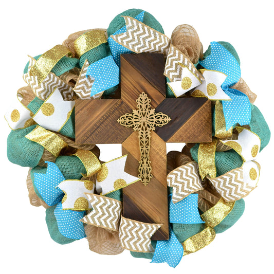 Everyday Rustic Cross Mesh Front Door Wreath; Turquoise Blue Jute White Gold Ivory Burlap - Pink Door Wreaths