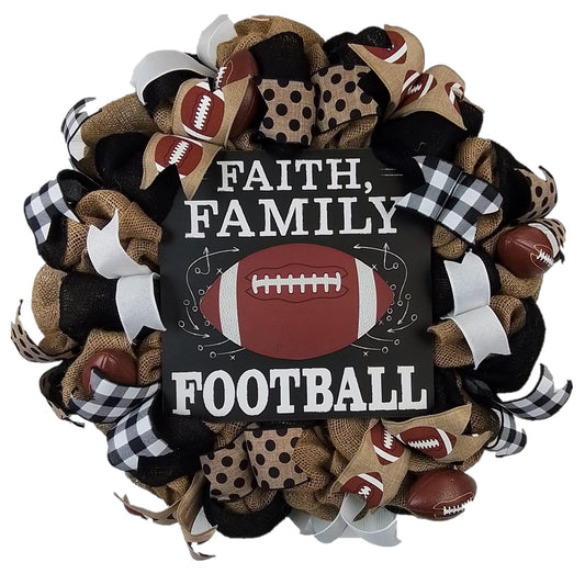 Faith Family Football Burlap Outdoor Front Door Wreath - Sports Wreaths for Fall : Brown Black White Burlap Buffalo Check Polka Dot - Pink Door Wreaths