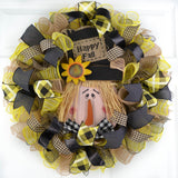 Fall Scarecrow Deco Mesh Wreath | Thanksgiving Front Door Wreath | Black Jute Yellow Buffalo Check - Pink Door Wreaths