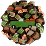 Fall Truck Wreath | Farm Pumpkin Thanksgiving Deco Burlap Front Door Wreath | Brown Orange Green - Pink Door Wreaths