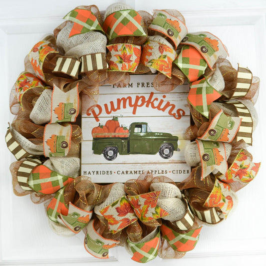 Farm Truck Wreath | Thanksgiving Mesh Door Wreath | Orange Brown Green Ivory - Pink Door Wreaths