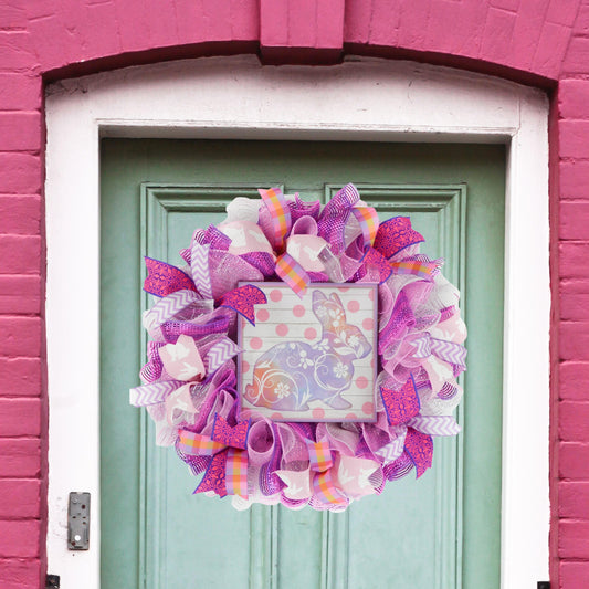 Farmhouse Easter Bunny Wreaths for Front Door - Pink Burlap Wreath - Pink Door Wreaths