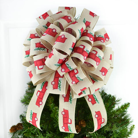 Farmhouse Red Christmas Truck Bow | Burlap Rustic Tree Topper Bow - Pink Door Wreaths