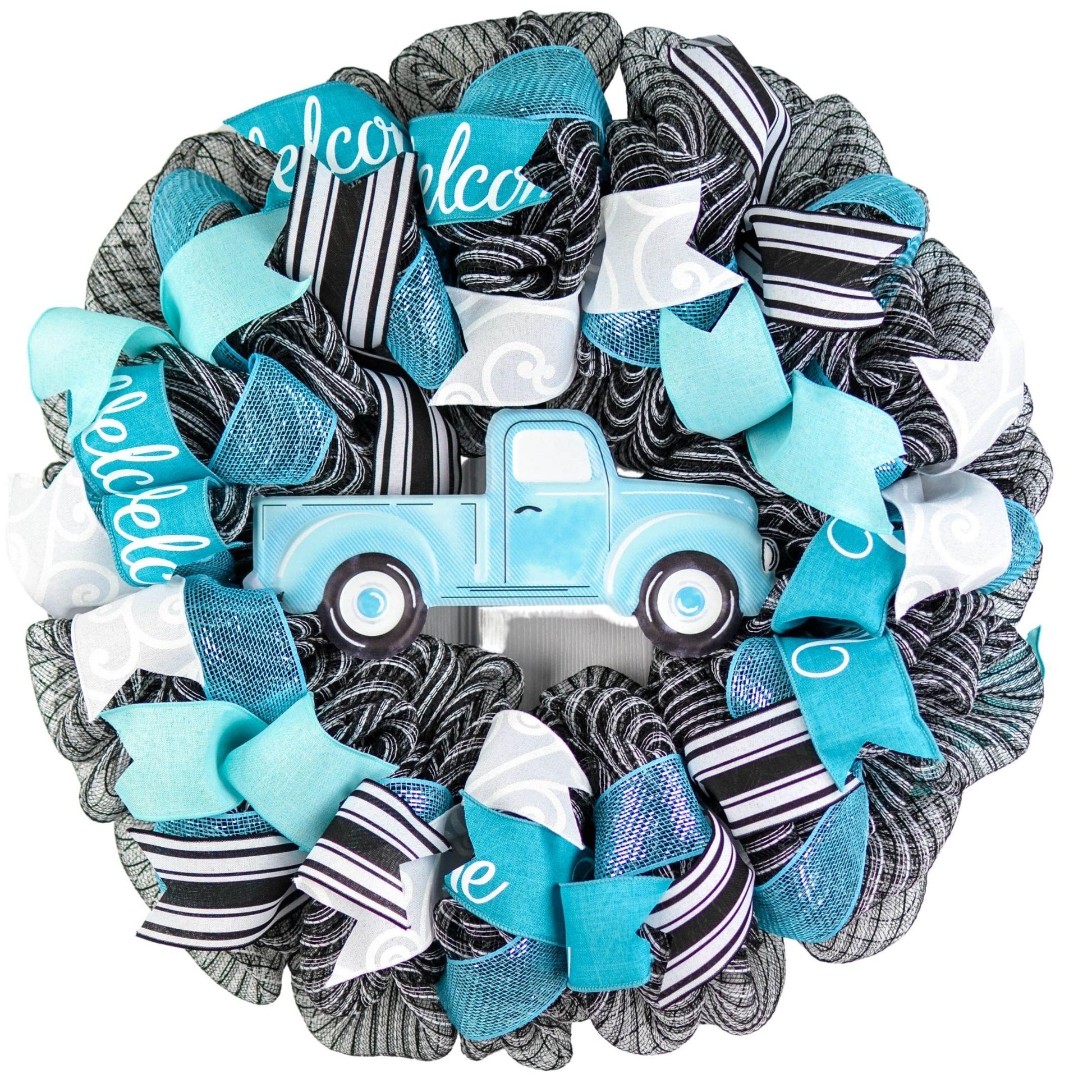 Farmhouse Truck Wreath - Blue Black White Mother's Day Everyday Wreath - Pink Door Wreaths