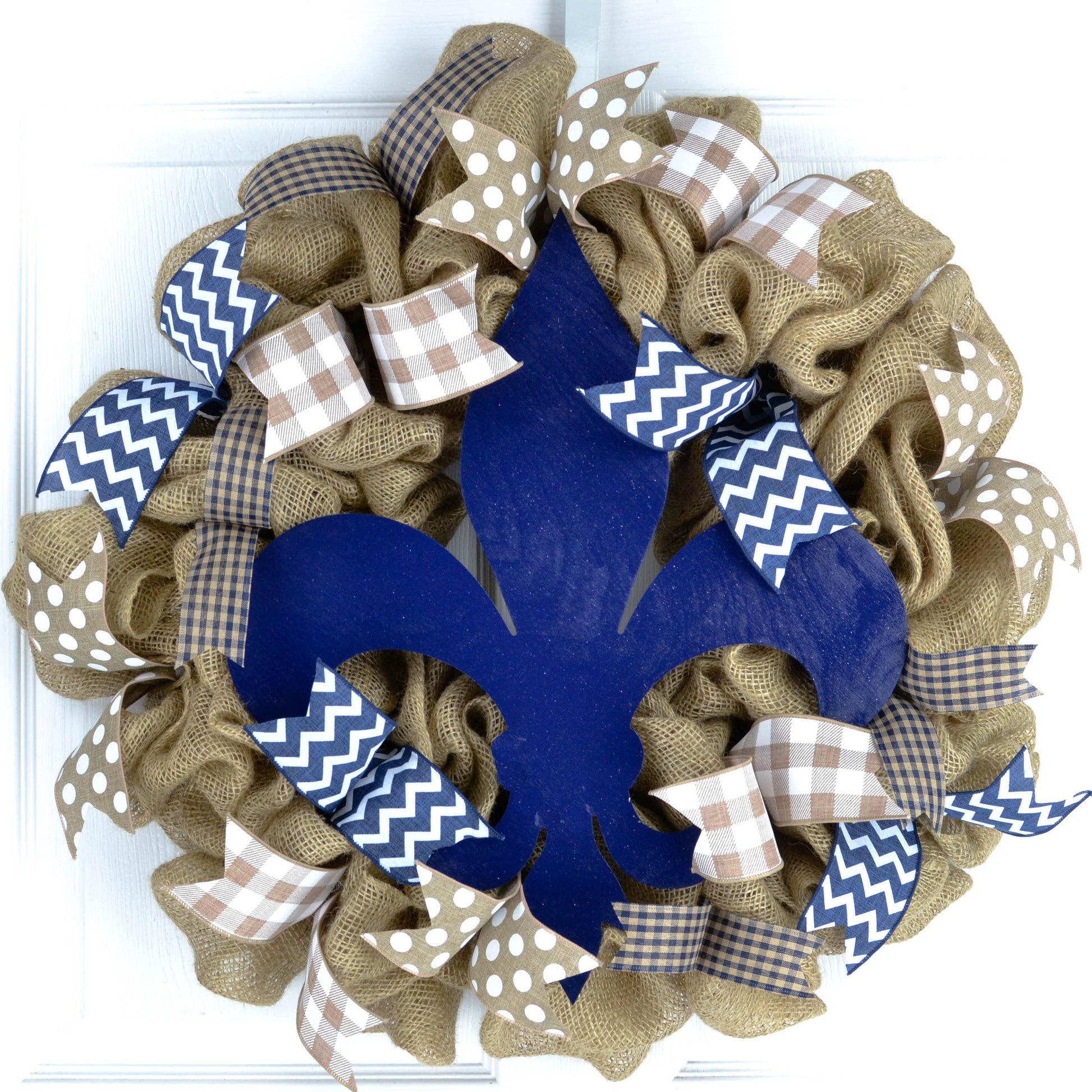 Fleur de Lis Wreath | Everyday Mother's Day Gift | Navy Blue Burlap White - Pink Door Wreaths