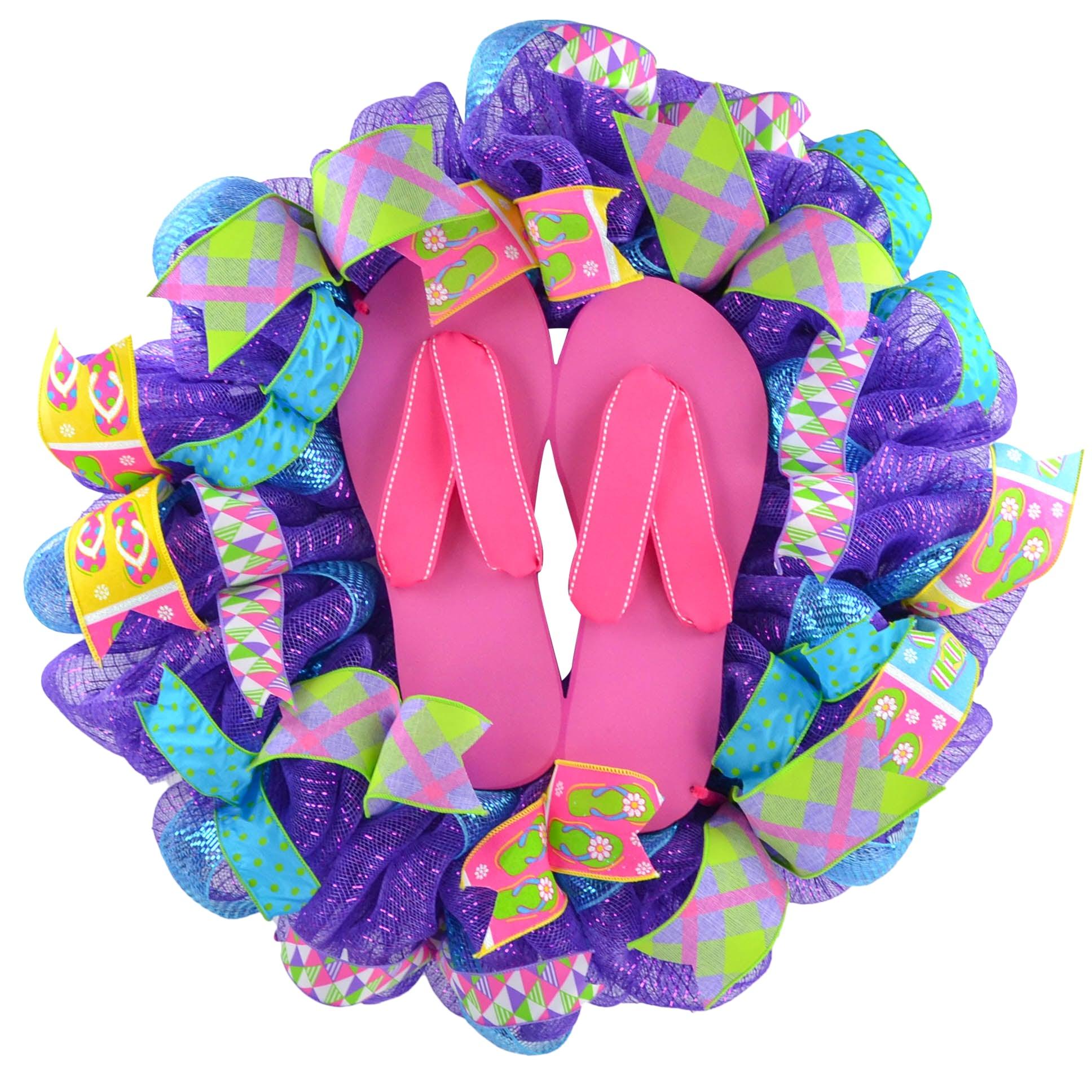 Flip Flop Summer Door Wreath | Purple Pink Turquoise - Pink Door Wreaths