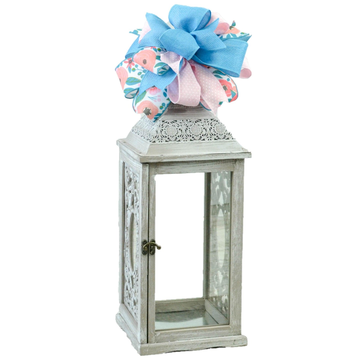 Lantern Wreath Bow - Burlap Wreath Embellishment for Making Your Own - Layered Full Handmade Farmhouse Already Made (Spring (Pink/Blue) - Pink Door Wreaths