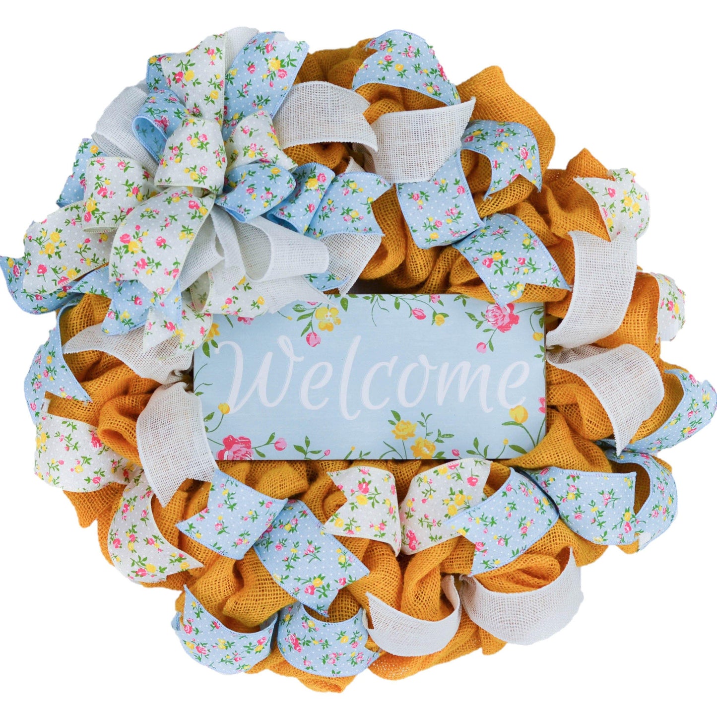 Floral Spring Welcome Wreath - Everyday Door Wreath - Yellow Pink Blue Burlap - Gift for Mom - Pink Door Wreaths