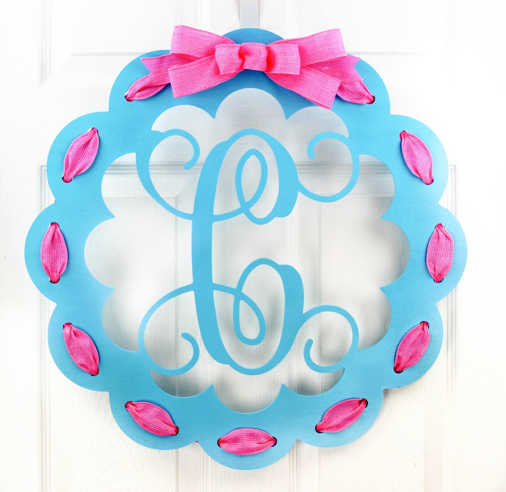 Fourth of July Door Hanger | Patriotic Monogram Wreath | MANY COLORS! - Pink Door Wreaths