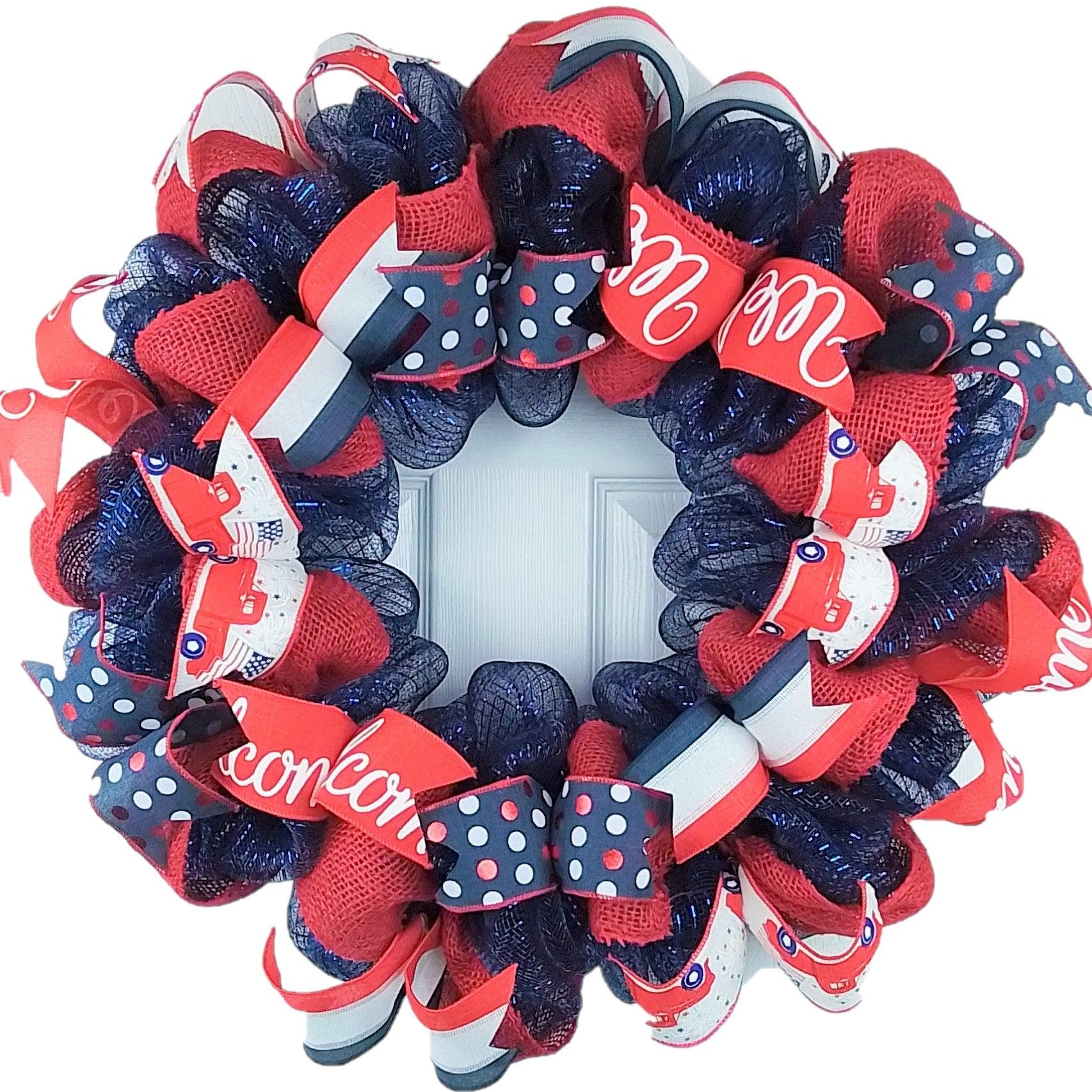 Fourth of July Independence Day Mesh Door Wreath - Burlap Red White Navy Blue White - Pink Door Wreaths