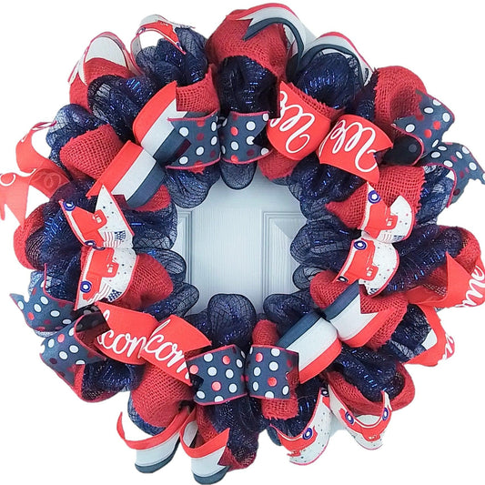 Fourth of July Independence Day Mesh Door Wreath - Burlap Red White Navy Blue White - Pink Door Wreaths