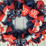Fourth of July Independence Day Mesh Door Wreath - Burlap Red White Navy Blue White - Pink Door Wreaths