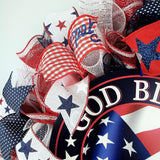 Fourth of July Independence Day Mesh Door Wreath; red white blue; God Bless America - Pink Door Wreaths