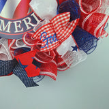 Fourth of July Independence Day Mesh Door Wreath; red white blue; God Bless America - Pink Door Wreaths