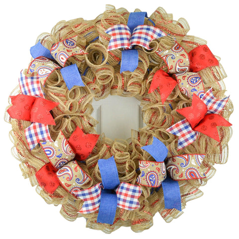Fourth of July Independence Day Mesh Door Wreath; red white blue jute burlap - Pink Door Wreaths