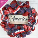 Fourth of July Independence Day Mesh Door Wreath - Red White Navy Blue White - God Bless America - Pink Door Wreaths