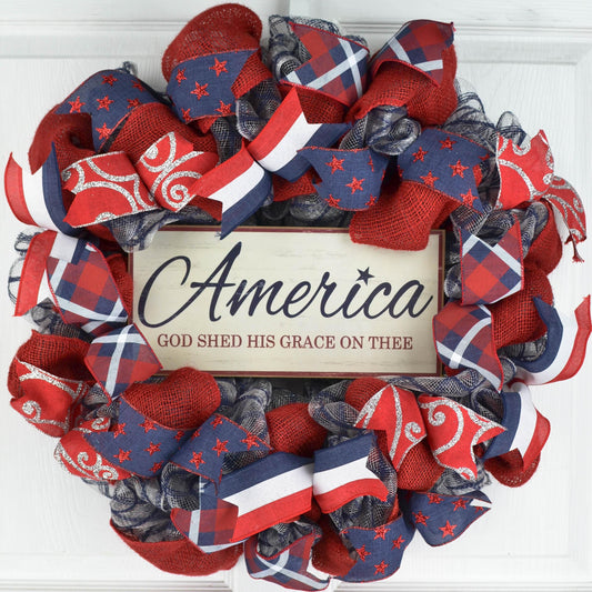 Fourth of July Independence Day Mesh Door Wreath - Red White Navy Blue White - God Bless America - Pink Door Wreaths